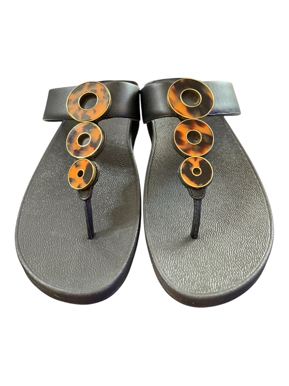 FitFlop Fino Resin-Hoop Leather Toe-Post Sandals Black Size 10 NIB